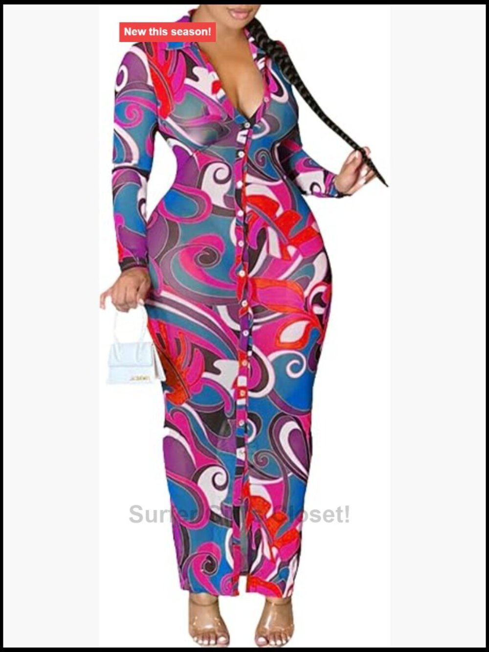 Sheer Mesh Long Sleeve Bodycon Midi Dress Button Down Cover Up